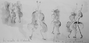 Motifs de musique : rencontre de violoncelles, lithographie